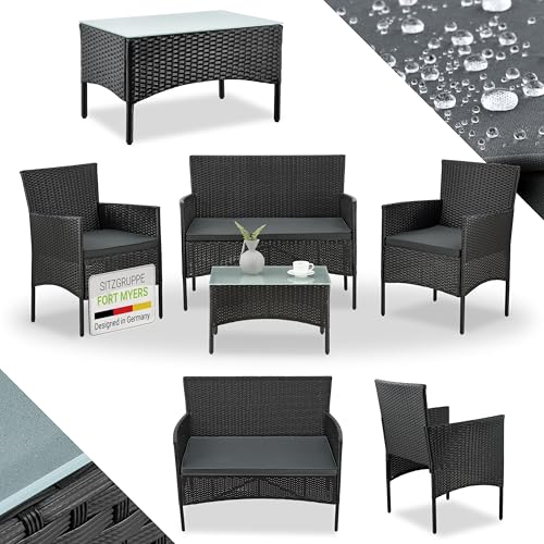 Juskys Polyrattan Sitzgruppe Fort Myers 4 Personen mit 2er Sofa, 2 Stühle, Tisch & Sitzkissen wetterfest schwarz/grau Balkonmöbel Gartenmöbel Set