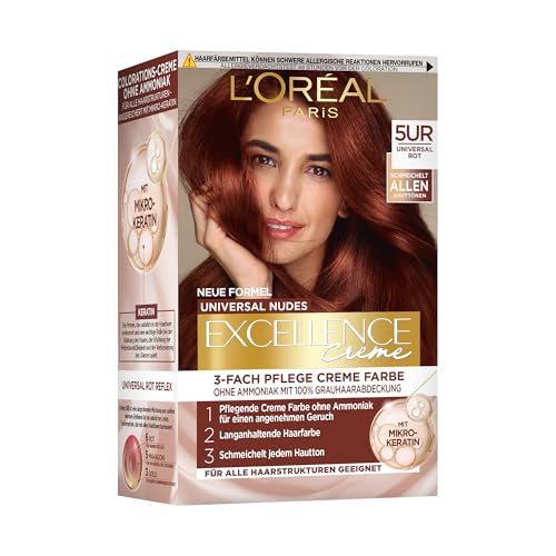L'Oréal Paris Permanente Haarfarbe für jeden Hautton, Coloration ohne Ammoniak, Universale Nude-Töne mit vollständiger Grauhaarabdeckung, Excellence Creme, Nr. 5UR Universal Rot, 1 Stück