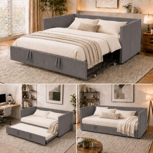 YNYHTER Schlafsofa 90/180 x 200 cm,Tagesbett Ausziehbar,Schlafsofa 200 cm Breit,Schlafcouch Ausziehbar,Schrankbett mit Sofa Polsterbett Doppelbett,Samt,ohne Matratze (Grau, 90/180 x 200 cm)