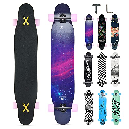 Opurtdor Longboard 118CM Profi Skateboard Komplettes Cruiser Trick 8 Etagen Ahornholz Wood Schwarzes Longboard für Anfänger Erwachsene Teens (Sternenhimmel)