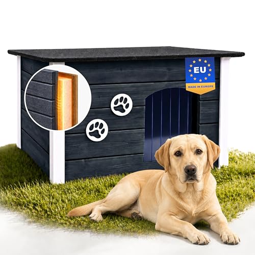 Outentin Hundehütte Outdoor Winterfest - Hundehaus für Große Hund - Isoliert und Wetterfest - Hunde Haus für Draußen mit zum Öffnen Flachdach - Stabile und Moderne Villa - 105 x 71 x 64cm - Grau