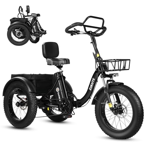 ESKUTE Elektro Dreirad für Erwachsene T302 Pro, 48V 20,8Ah Akku, faltbares E-Bike Dreirad mit Tiefeinstieg, 20×4 Zoll Fat Tires Elektrofahrrad, 7-Gang, 25 km/h, 60–130 km Schwarz