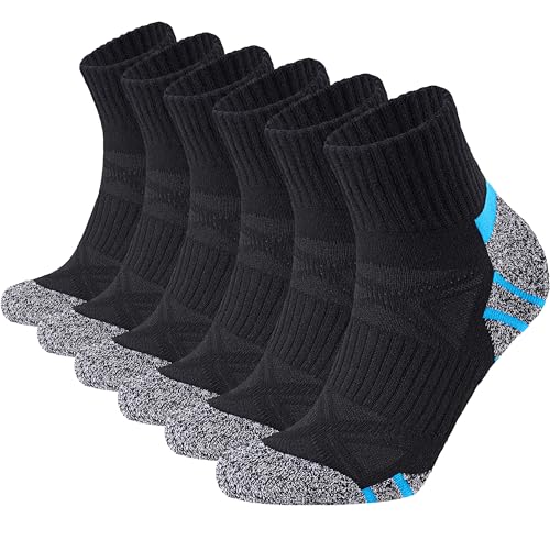 Stoeury Sneaker Socken Herren, Quarter Socken mit Frotteesohle, Atmungsaktive Sportsocken aus Baumwolle mit Nahtlose Zehen, Tennissocken für Laufen Wandern, 6 Paar, Schwarz, 43-46
