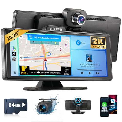 Haudio 10,26 Zoll Auto Play Bildschirm für Wireless Carplay & Android Auto, Tragbares Autoradio mit 2K DVR, 1080P Rückkamera, Bluetooth, Sprachsteuerung, AUX/FM Radio für alle Autos w/64G TFCard