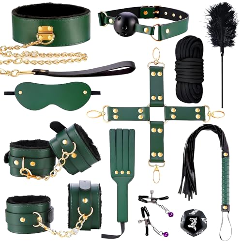 12er Bondage Set Bett Fesselset Erotik SM Sexspielzeug mit Handschellen Fußfesseln Halsband Augenmaske Federkitzler Nippelklemmen Ballknebel Peitsche Paddel Baumwollseil Sex Würfer für Paare Frau Mann