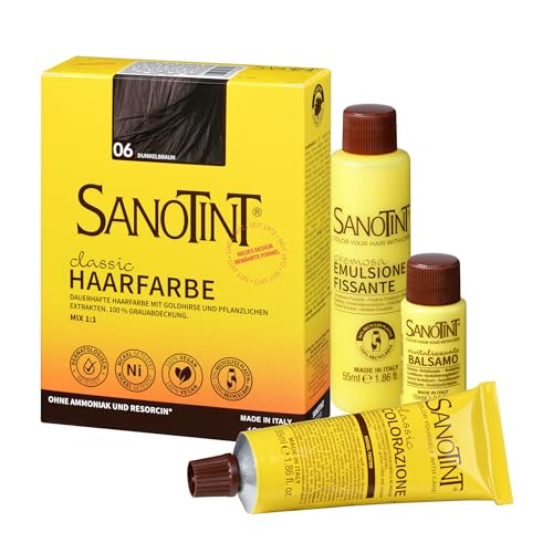 Sanotint - Haarfarbe Classic Nr. 06 „Dunkelbraun“ - Naturnahe dauerhafte Haarfarbe mit Goldhirse und wertvollen pflanzlichen Extrakten – 100% Grauabdeckung – vegan - 125 ml