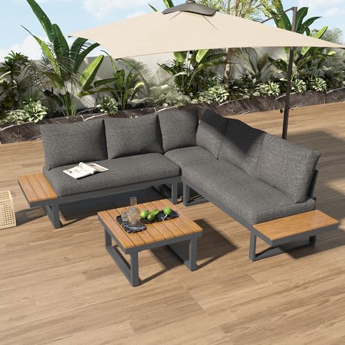 Merax Gartenmöbel Set 4-Personen, Gartenlounge Sitzgruppe Outdoor mit Couchtisch, Stabiler Metallrahmen, Liegestuhl mit verstellbare Rückenlehne, für Garten Balkon und Terrasse, mit Sitzkissen, Grau
