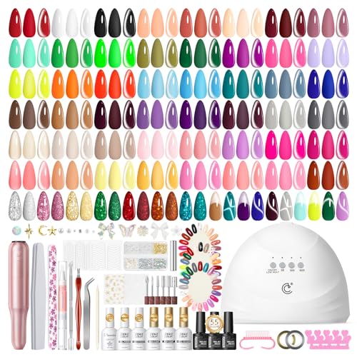 PEACECOLOR 83 Stück Gel Nägel Set mit Nagellampe und Nagelfräser, 55 Farben Nude Rosa Rot Grün Orange UV Nagellack Set mit Base Top Coat Nagelset Gelnägel Geschenke für Mädchen