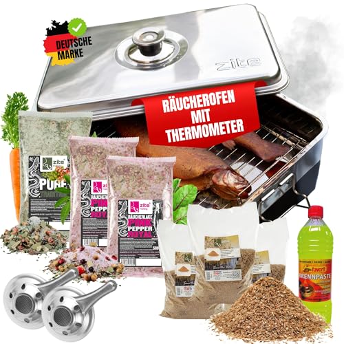 Zite Räucherofen Edelstahl XXL Set mit Zubehör [Tischräucherofen mit Thermometer & Brennpaste] Sofort Einsatzbereit | Fisch-Räucherofen I auch für Fleisch etc. | Räuchermehl & Verschiedene Räucherlake