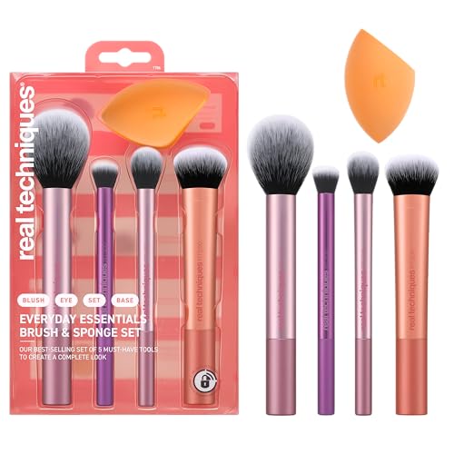 Real Techniques Everyday Essentials + Make-up-Schwamm-Set, Make-up-Pinsel und Make-up-Mixer-Schwamm, für Foundation, Rouge, Bronzer, Lidschatten und Puder, 5-teiliges Set