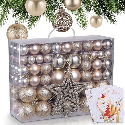 ONBEST Weihnachtskugeln 128-teiliges Set – 1x Baumspitze Glitzer Stern & 127x Kugel – mit Verpackung – Weihnachtsschmuck Deko für Drinnen & Draußen aus Kunststoff – Plus 5X Karte (Champagner)