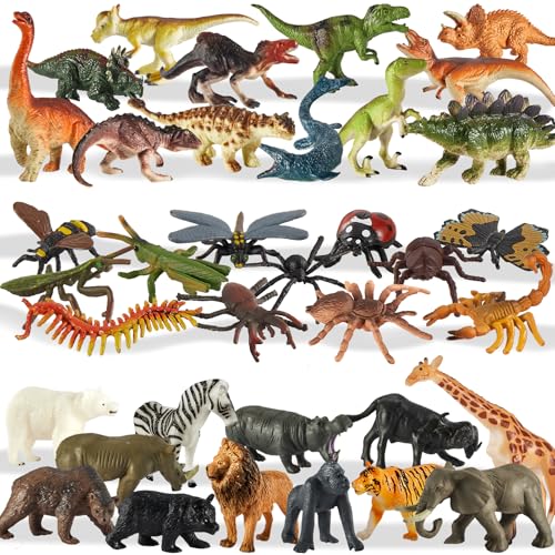 TOEY PLAY 36 Stück Tiere Figuren Spielzeug Set, Dinosaurier Figuren, Dschungel Tiere Dinos, Realistische Insekten, Plastiktiere für Kinder Set, Plastikwanzen und Insektenfiguren