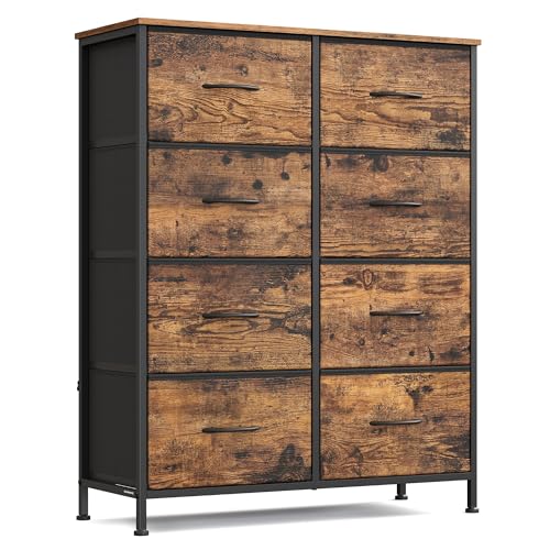 SONGMICS BELLAH Kollektion - Kommode, Schrank, Aufbewahrungsschrank, für Schlafzimmer, Flur, Wohnzimmer, Stahl, 8 Schubladen, Industrie-Stil, vintagebraun-tintenschwarz LGS124BH04
