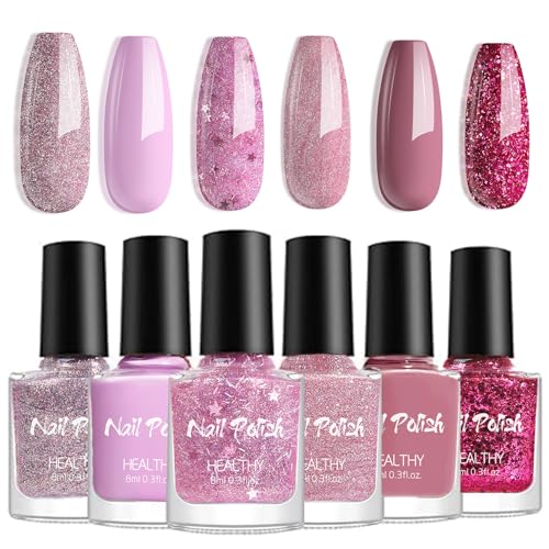 6 Farben Glitzer Rosa Nagellack Set, Normale Wasserbasis Gesunde Nagellack Set, Glänzende Schnelltrocknender Langanhaltender Nail Polish, Quick Dry Ohne UV Lampe für Frauen (Rosa, 8ML)