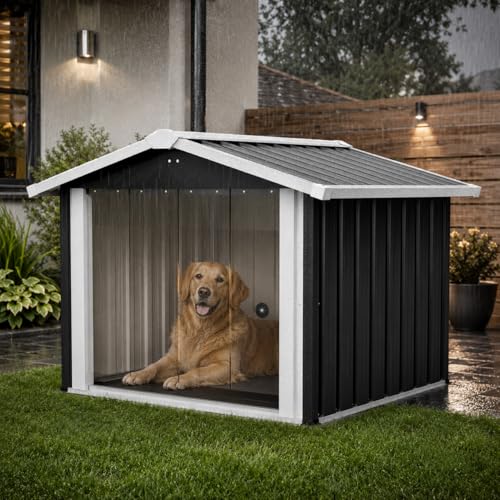 Outdoor Hundehütte wetterfest, Metall Hundehaus für Garten & Terrasse, wasserdichtes Hundehaus mit stabilem Boden, Belüftung & Schrägdach, Haustierhaus für kleine bis mittelgroße Hunde