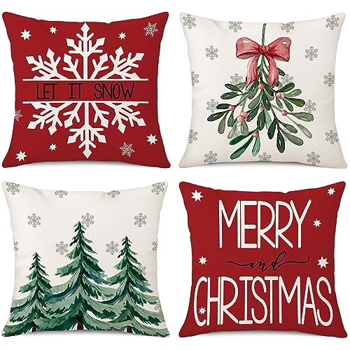 ILovDaisy Weihnachtskissenbezug 45x45 cm, 4 Stück Kissenbezug Weihnachten, Feines Leinen Kissenhülle Weihnachten, Weihnachtsdeko für Wohnzimmer Schlafzimmer