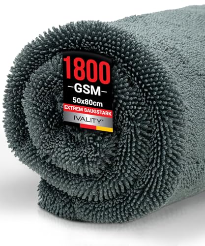 Ivality® Auto Trockentuch XXL 80x50 cm – 1800 GSM Ultra Saugstarke Mikrofasertücher für Autopflege und Motorrad, Fusselfreies, Lack-schonendes Twisted Towel Microfasertücher - Grau