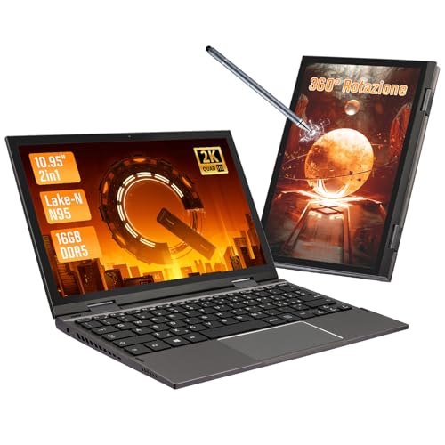 LONGEVINCE Mini-Notebook, ultradünn, 25,6 cm (10,95 Zoll) mit Touchscreen, 360° drehbar, Celeron N95, 2000 x 1200,16 GB DDR5, italienisches Tastaturlayout (Grau, 16+512G SSD)