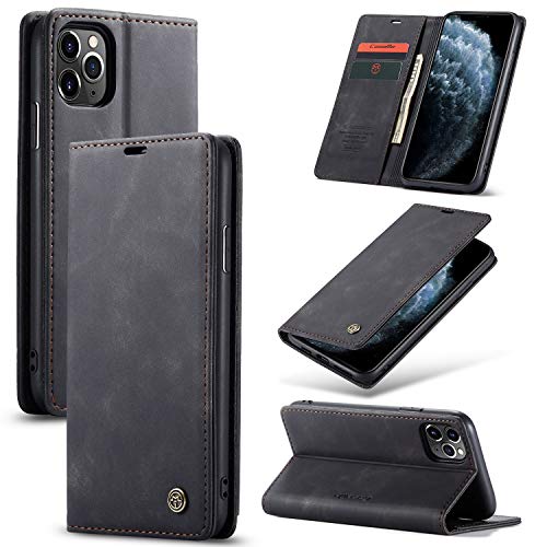 owlhold Handyhülle iPhone 11 Pro Max hülle klapphülle Premium Lederhülle Weiches Vintage Handytasche Faltbare Ständer Schutzhülle Kartenfach Standfunktion hülle iPhone 11 Pro Max -Schwarz