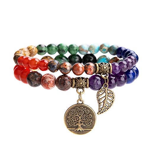 Farfume Chakra Armband Echte Steine, Edelsteine Armbänder fur Damen (Chakren und Baum des Lebens)