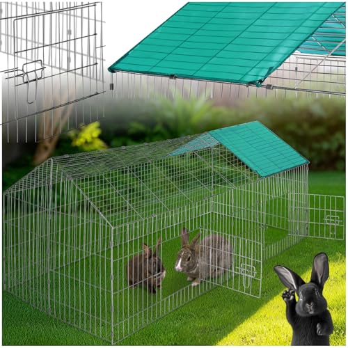 tectake® Freilaufgehege Kaninchen, Hasenstall draußen, Meerschweinchen Käfig, Laufgitter mit Sonnenschutz, Hasenkäfig, Steckzaun, Kleintierkäfig, Meerschweinchen Gehege, 180 x 75 x 75 cm - grün