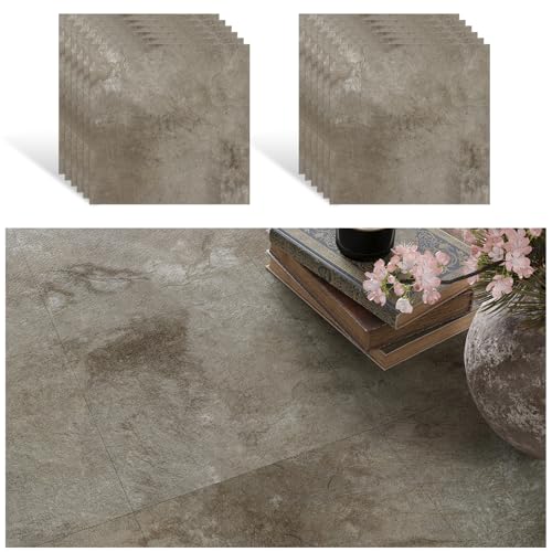 VEELIKE PVC Bodenbelag Betonoptik Braun Vinyl Bodenbelag Garage 12 Stück Vinylboden Selbstklebend Bodenfliesen Überkleben Klebefliesen Boden Badezimmer Fliesenaufkleber Küche Wasserfest30 cm x 30 cm