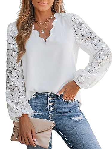CUPSHE Damen Blusen V-Ausschnitt Wellenkante Spitzenärmel Langarmshirt Lässige Spitzen Oberteile Tunika Bluse Tops Weiß M