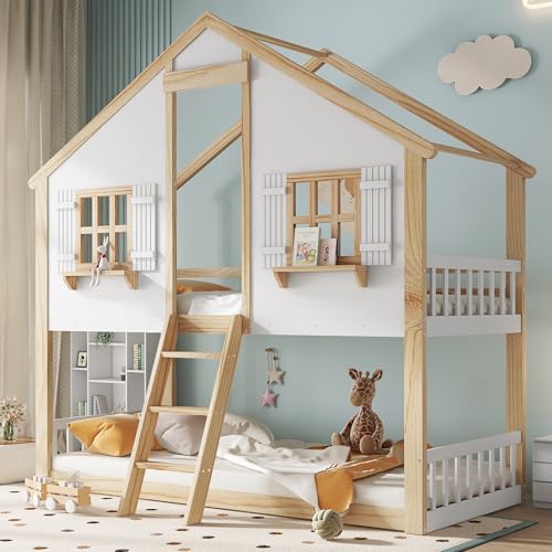 Gxffipw Holzhausdesign Etagenbett 2 Kinder Hausbett 90x200 cm mit Schöne Fenster und Leiter, Kinderbett Hochbett mit Rausfallschutz, Holzbett Bettrahmen mit Lattenrost, Weiß+Natur, Ohne Matratze