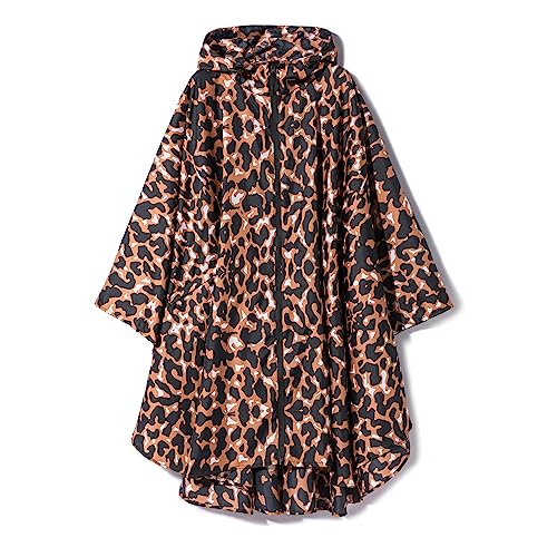 Freesmily Damen Regen Poncho stilvolle wasserdichte Regenmantel mit Kapuze Reißverschluss (Leopardenmuster)