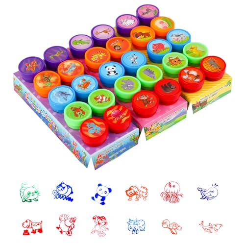 RMIVEGLIA 30 Stück Stempel Set für Kinder – Selbstfärbende Mini Stempel Tiere, Buntes Stempelset aus Kunststoff, Ideal als Partygeschenk, Belohnung & Mitgebsel für Kindergeburtstag.