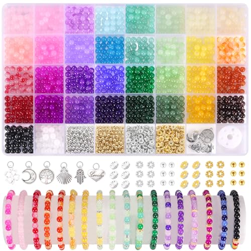 Funtopia 1400 Stück Glasperlen, 6mm 34 Farben Perlen für Armbänder, Perlen Set für Armband Basteln Schmuckherstellung, Perlens zum Auffädeln für Erwachsene Mädchen