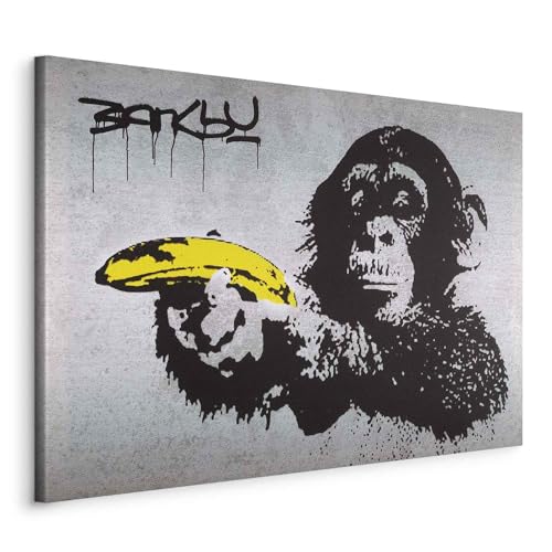 B&D XXL - Wandbilder XXL Banksy Monkey with Banana Gun 120x80 cm 1 tlg Wand Deko Leinwand Bilder Groß Wanddeko Wohnzimmer Schlafzimmer Kunstdrucke - Affe mit bananen Pistole Street Art 030115-40