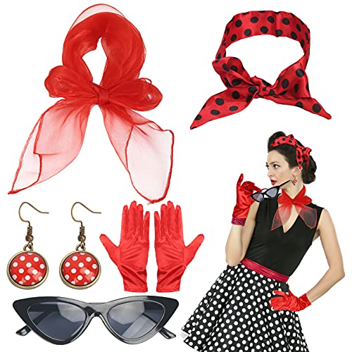 LOPOTIN 5TLG Rockabilly Accessoires 50er Jahre Damen Kleid Zubehör 1950s Kostüm Set mit Chiffon Schal Polka Dot Stirnband Katzen Auge Brille Rot 60er Jahre Kleidung für Motoparty Retro Teily Party