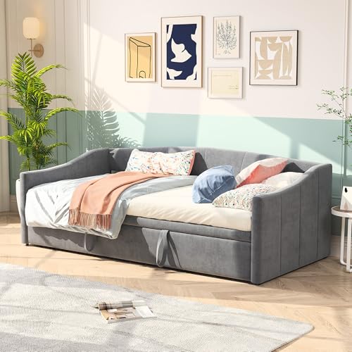 WSOFZMO Schlafsofa 200cm Breit, Bett Ausziehbar, Tagesbett mit Sofa, Ausziehbett 90/180 x 200 cm, Polsterbett Schlafcouch Ausziehbar mit Lattenrost, Doppelbett, Samtstoff, ohne Matratze (Grau 02)