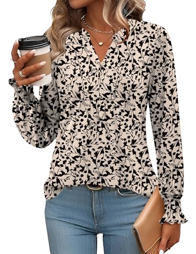 Rapbin Bluse Damen Langarm Tunika Elegantes Oberteil V-Ausschnitt Knopfleiste Shirt Business Casual Outfits Blumen-Schwarze M