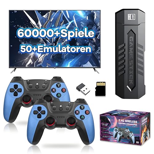 KINMRIS X2 Blue Retro Spiel Stick 4K, Emulator Videokonsole, Mit 60.000+ Retro Spiele, 50+ Emulatoren, Plug and Play Video Spiel Stick für Fernseher (256GB, 2 x 2,4 GHz Akku-Drahtloser Controller)
