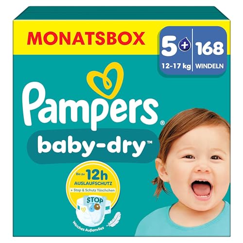 Pampers Baby-Dry Größe 5+, 168 Windeln, 12kg-17kg, Bis zu 100% Auslaufschutz & Komfort die ganze Nacht