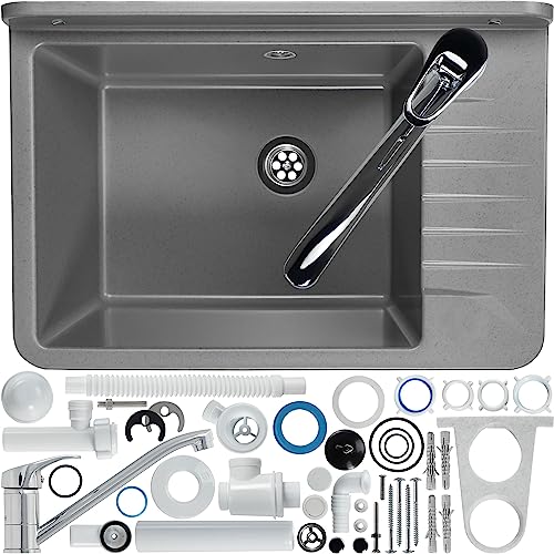 GOSPO Ausgussbecken aus Polypropylen, 50,4 x 34 x 26,5 cm, Spülbecken mit Armatur, Siphon und Montageset, Waschbecken, Waschtrog, Haushaltsspülbecken (Grau)