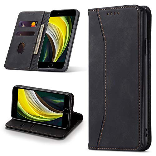 Leaisan Handyhülle für iPhone SE 2022/iPhone SE 2020 Hülle, iPhone 8/iPhone 7 Hülle, Premium Leder Flip Klappbare Stoßfeste Magnetische [Standfunktion] [Kartenfächern] Schutzhülle Tasche - Schwarz