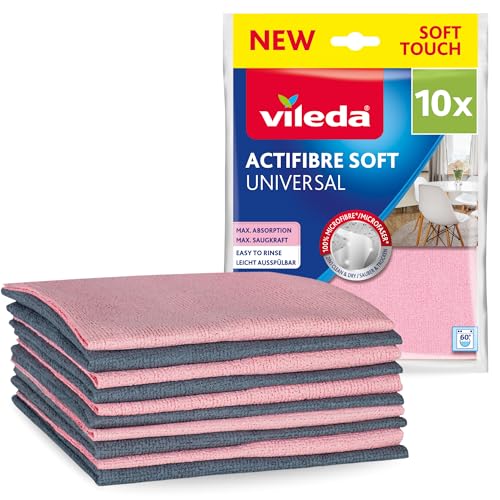 Vileda Actifibre Soft Universal, 10er Set MikrofasertüCher - streifenfreie ReinigungstüCher mit extrem hoher Saugkraft für Küchen & Bad - saugstarkes Mikrofasertuch ohne Chemie - Rosa & Grau