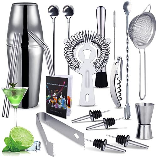 Purpledi Cocktail Shaker Set, Edelstahl 20pcs Cocktail Bar Set Barzubehör, 750ML Professional Cocktail Mixing Set von Getränken, Geschenken für Cocktailliebhaber, Barkeeper Set (A)