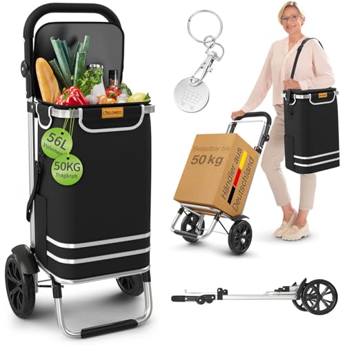 ELONEO Einkaufstrolley klappbar, Einkaufswagen mit Kühlfach, 3in1 Trolley, Sackkarre & Umhängetasche, Einkaufsrollwagen, Shopping Trolley 56L Kapazität & Einkaufschip, Hackenporsche Schwarz