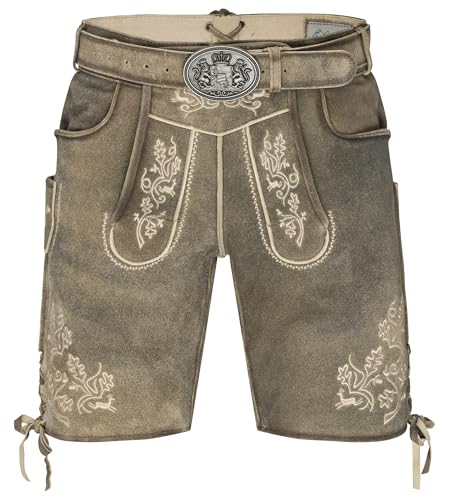 Schöneberger Trachten Couture Herren Lederhose kurz mit Trachten gürtel, Trachtenlederhose für Oktoberfest, Braun-Antik Velour-Vollleder Berghirsch (50,13819)