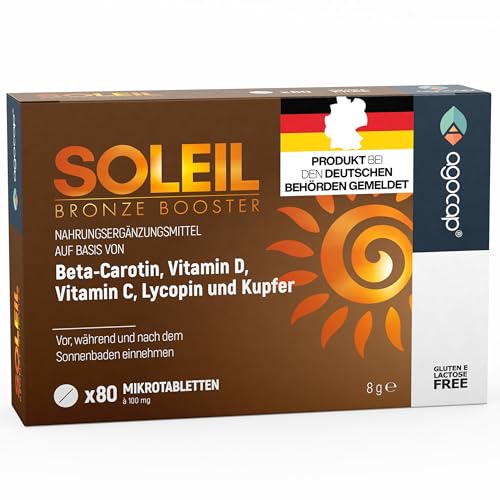 SOLEIL, Bräunungskapseln mit Beta Carotin für natürliche Bräune – 2 in 1 Selbstbräuner – Effektiver Lichtschutz mit Beta Carotin Hochdosiert – mit Vitaminen C, E, D, Selen und Kupfer – 80 Tabletten