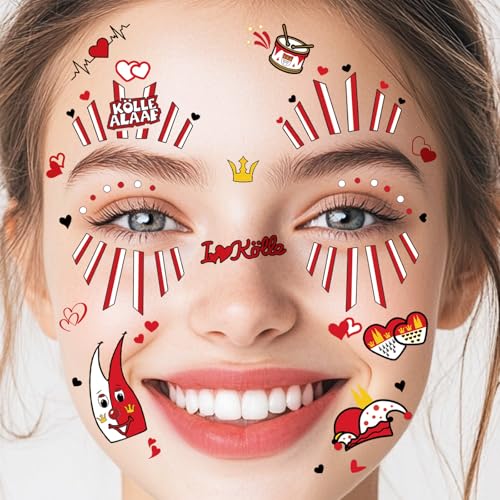 4 Blatt Gesichtstattoo Kölner Karneval Kostüm Damen Herren Gesicht Aufkleber, Klebetattoos Kölle Alaaf Rot Weiss Herz Clown Face Fake Tattoos, Erwachsene Faschingskostüme Schminke Accessoires