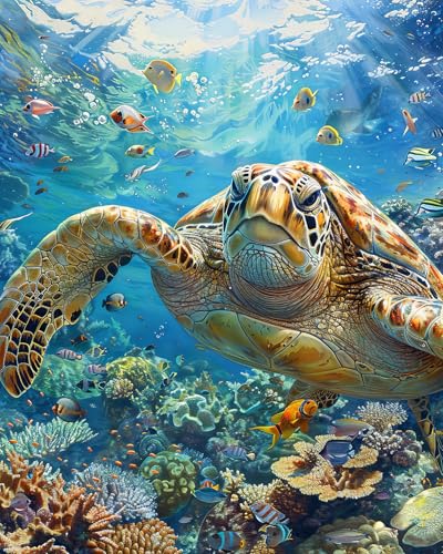 Malen nach Zahlen Meeresschildkröte DIY Malen nach Zahlen für Erwachsene Kinder Ocean Underwater World Malen nach Zahlen Kits auf Leinwand mit Pinseln für Home Wall Decor 40 x 50 cm(rahmenlos)