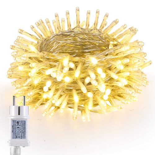 Joomer Lichterkette Außen 100LED, 10M Weihnachtsbaum Lichterkette Strombetrieben mit Timer, 8 Modi Wasserdicht Weihnachtsbeleuchtung Innen Transparent Kabel für Outdoor Party Garten Hochzeit,Warmweiß