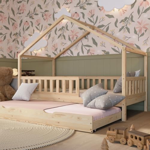 Crazy Pine Hausbett mit Ausziehbett 90x200 cm – Kinderbett aus Naturholz mit Rausfallschutz – Montessori Bett mit Schublade mit Schlaffunktion und Abnehmbarer Barriere - Crazy House