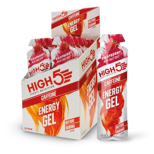 HIGH5 Energy Gel, Energie-Gel im schnell zu öffnenden Portionsbeutel, mit natürlichem Fruchtsaft | (Himbeere Koffein, 20 x 40g)