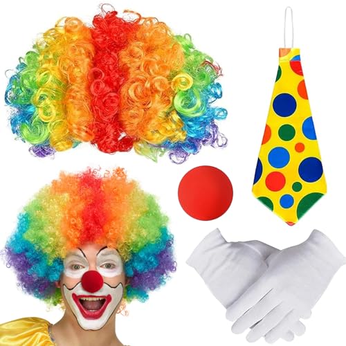 4 Stück Clown Kostüm Set Mit Clown Perücke Clown Nase Krawatte Und Handschuhen Clown Kostüm Accessoires Für Damen Und Herren Karnevalisten Karneval Cosplay Party.